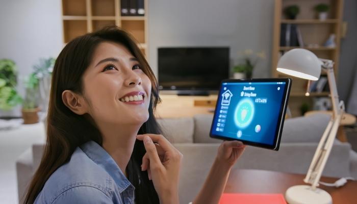 Happy woman controlling home with smart device
