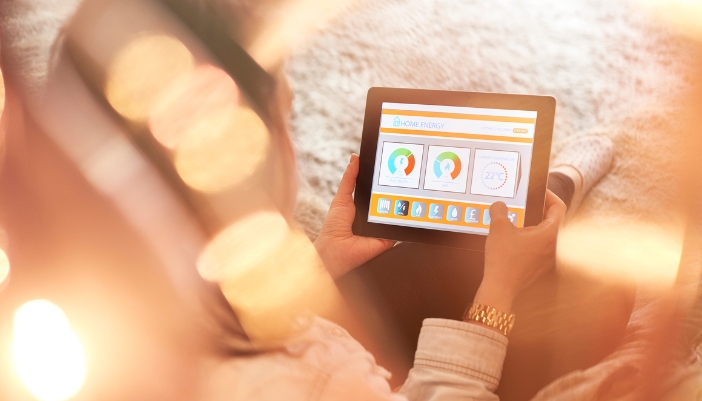 Closeup of a woman reviewing her power consumption levels on a touch panel