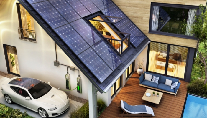 Luxury home with smart panels and home EV charging system for car