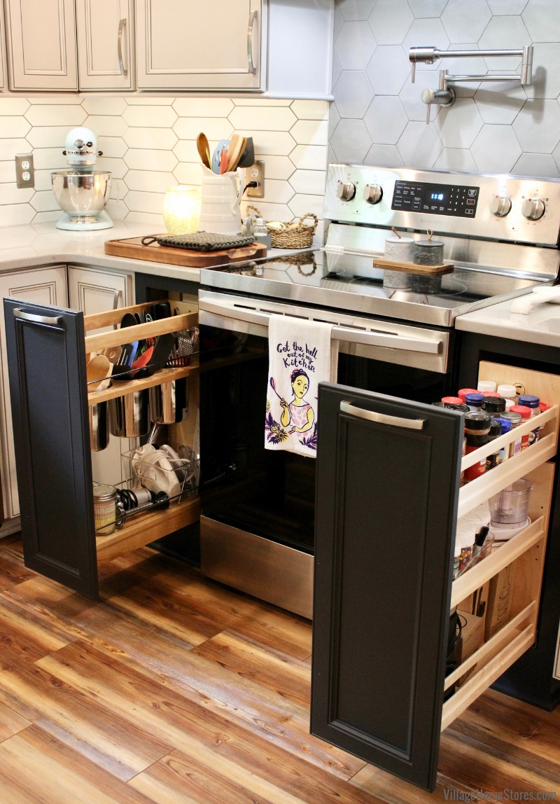 kitchen base cabinet pullouts with spice rack and utensil caddies