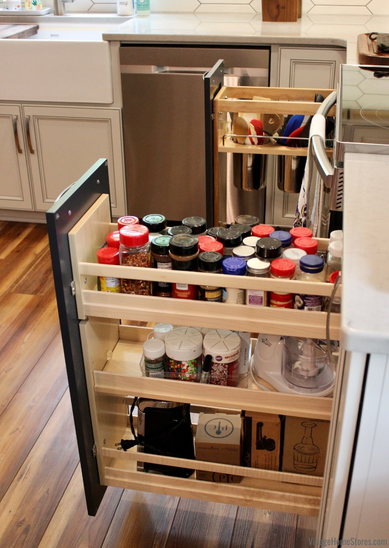 profile view of base cabinet pullout spice rack