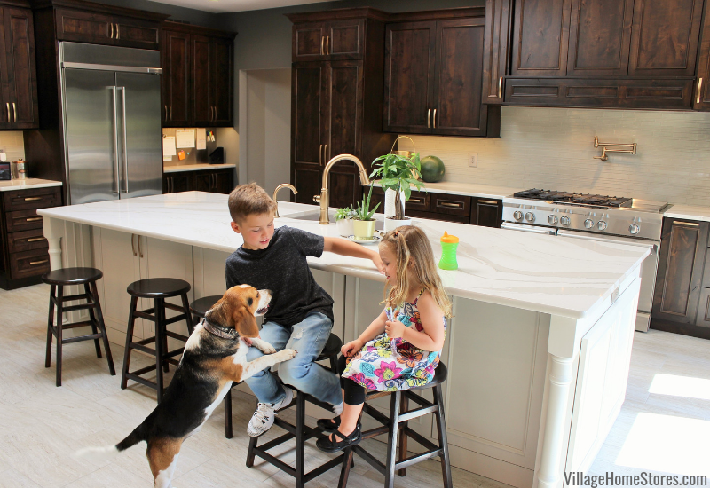 boy and girl with family dog at the kitchen island. Combination wood stain and painted island kitchen design with Cambria quartz countertops.
