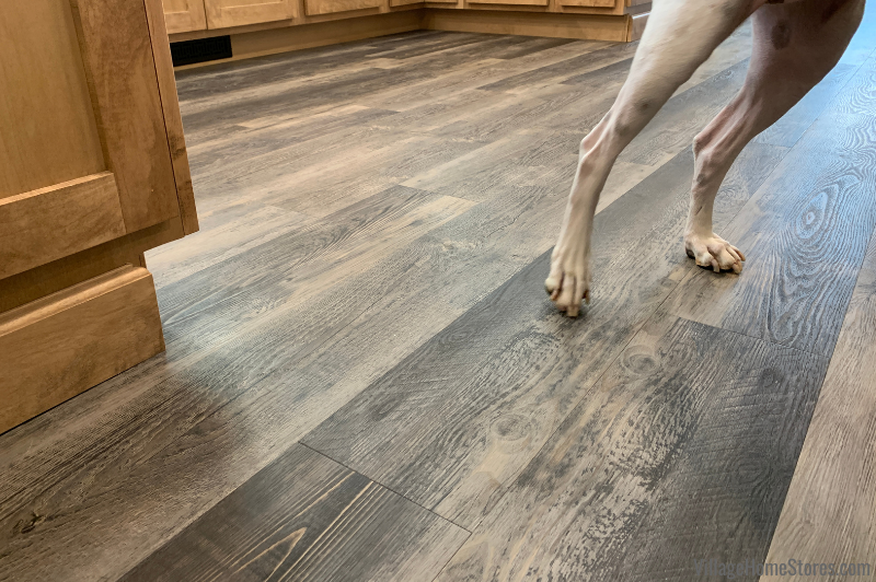 Close up of kitchen luxury vinyl plank floors and dog hind legs 
