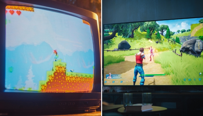 Comparison between old-school pixelated game and a modern-day Fortnite