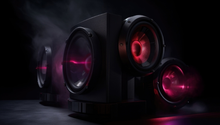 Exaggerated high-quality speakers with lights and fog/steam