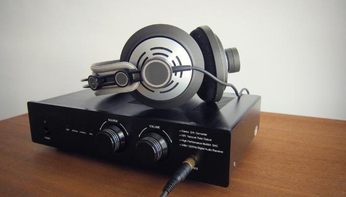 Headphones connected to amp