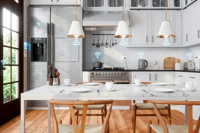 Interior Of White Kitchen And Smart Remote Home Control System With App Icons. 