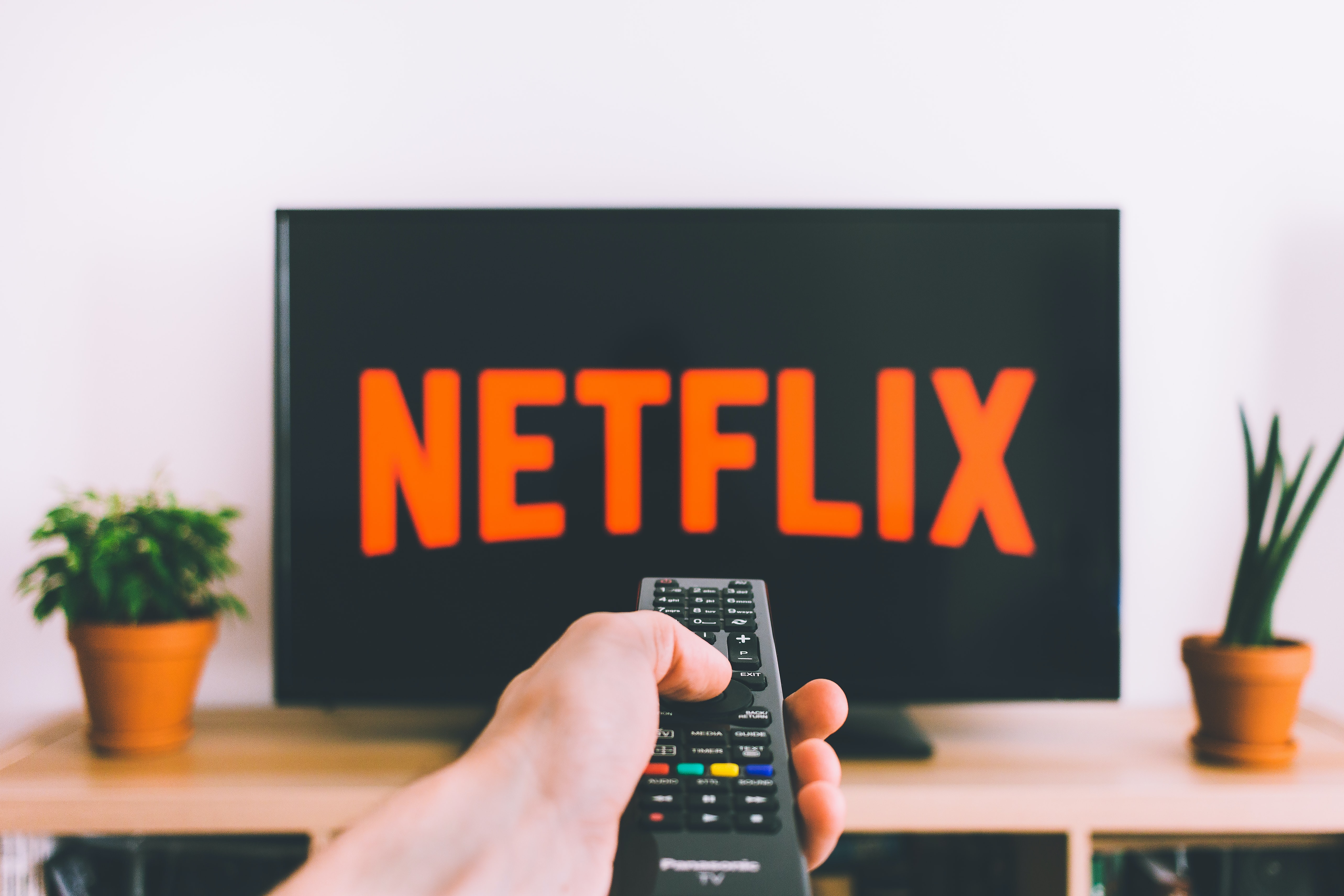 hand holding remote in front of TV screen displaying Netflix logo