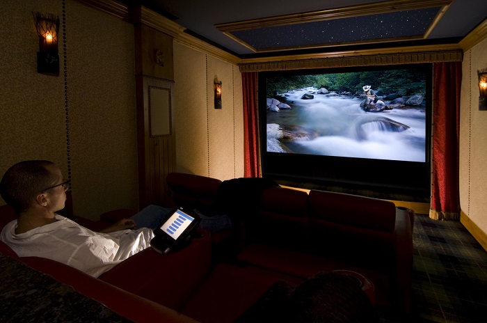 A man watches a nature documentary in his darkened home theater with his controller next to him