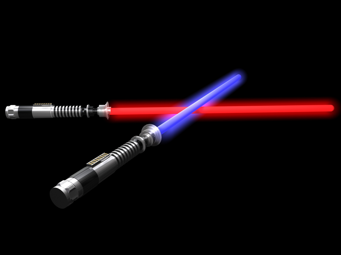  two red and blue 3d light future swords black background