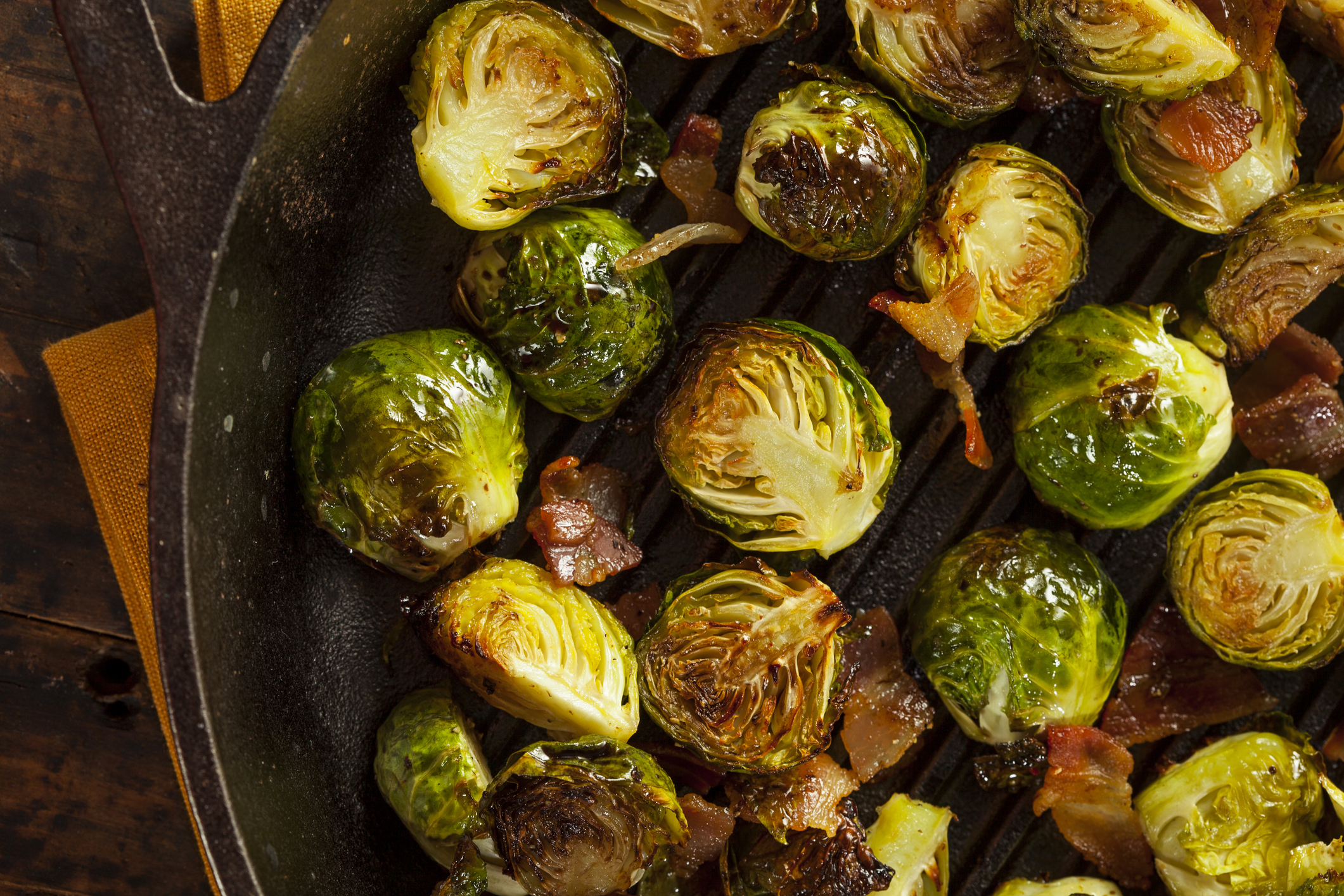 Brussel sprouts and bacon in a skillet