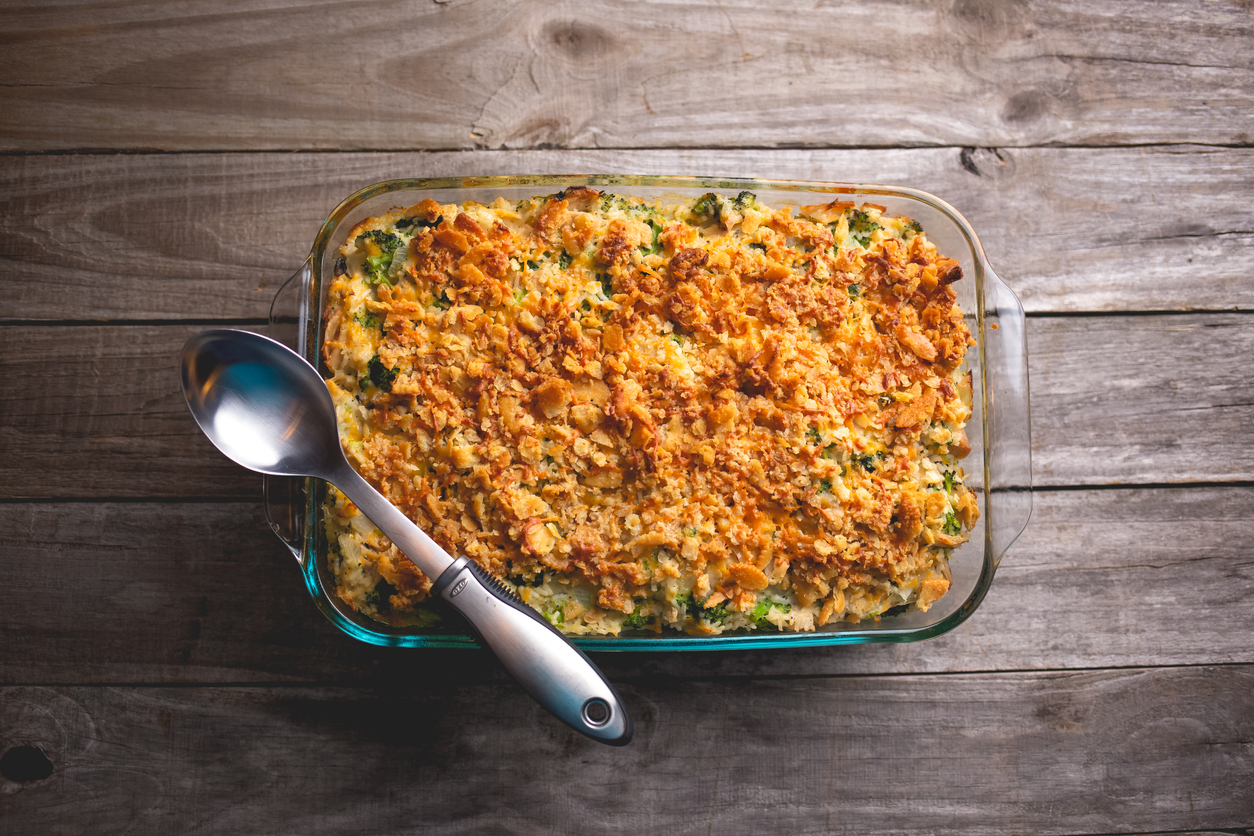 turkey casserole with broccoli, rice, and crumbled crackers