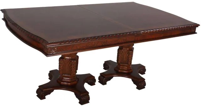 Side view of Crown Mark 2400-T double pedestal dining room table in warm brown finish 