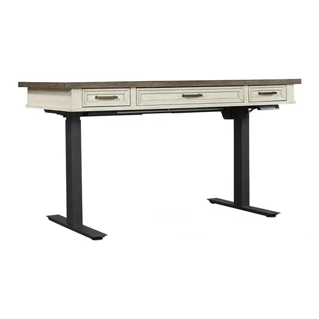 black iron legs with white desk and wood top