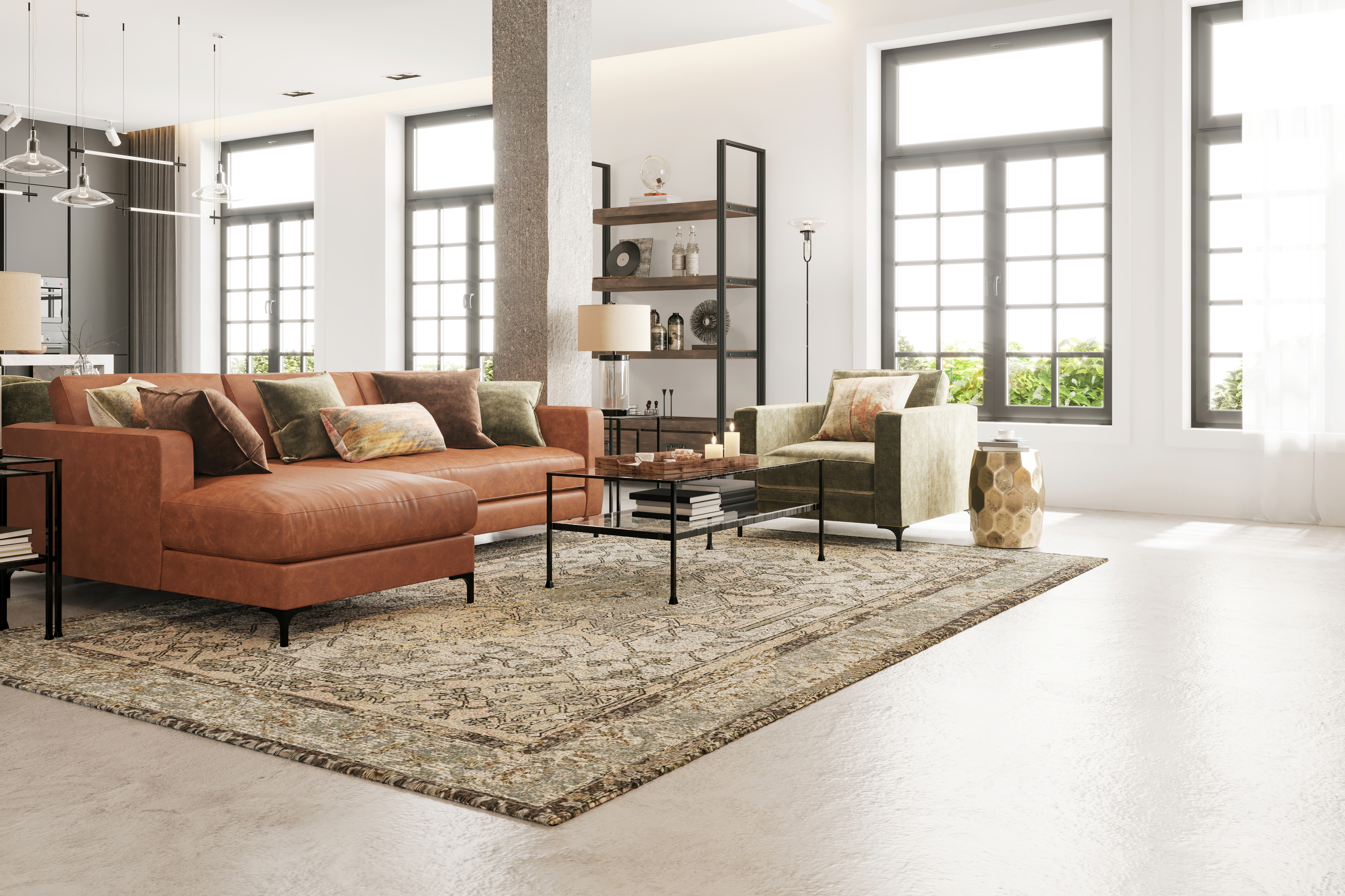 A traditional area rug with contemporary living room furniture