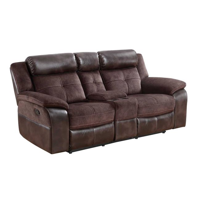 Stock image of a brown leather reclining living room loveseat. 