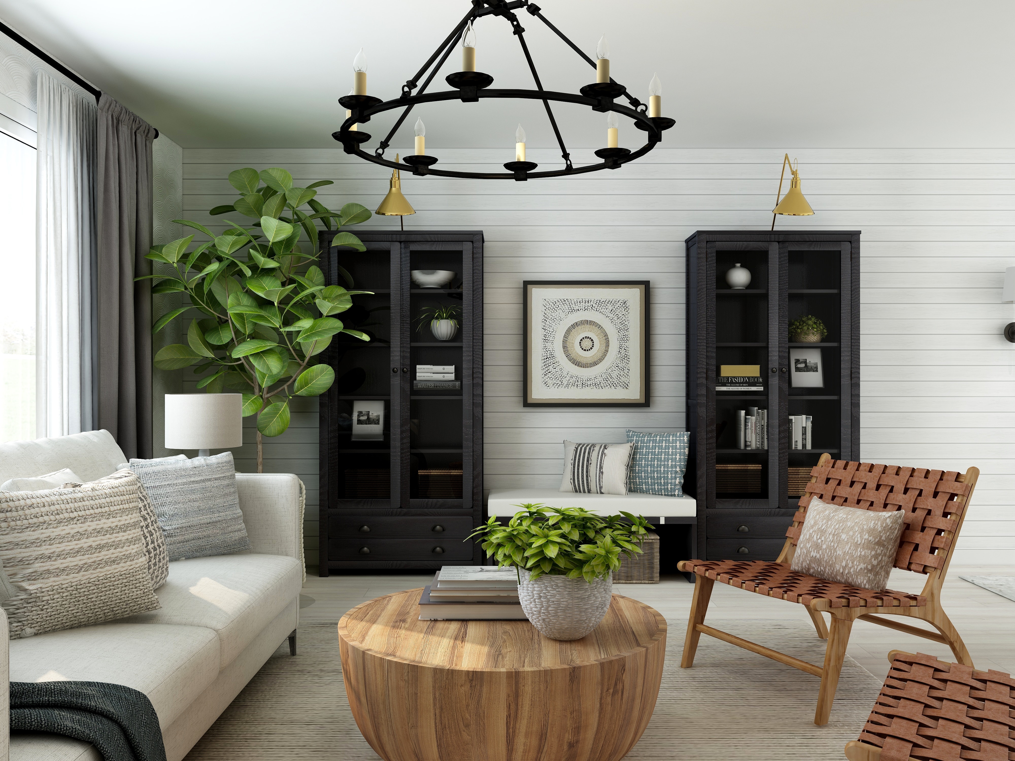 Dark cabinets and other farmhouse style furniture in a modern living room