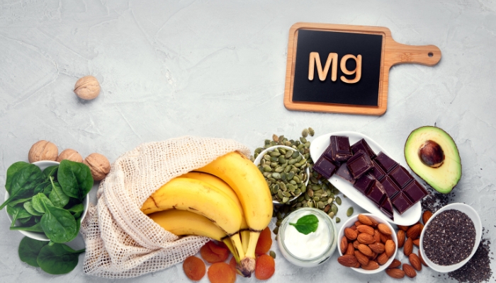 Array of food with magnesium, including chocolate