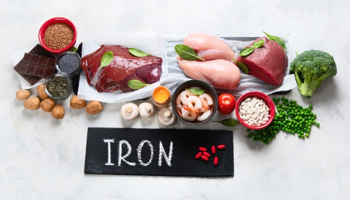 Array of foods that have iron, including chocolate
