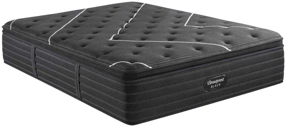Stock photo of a black Beautyrest C class Queen pillow top mattress. 