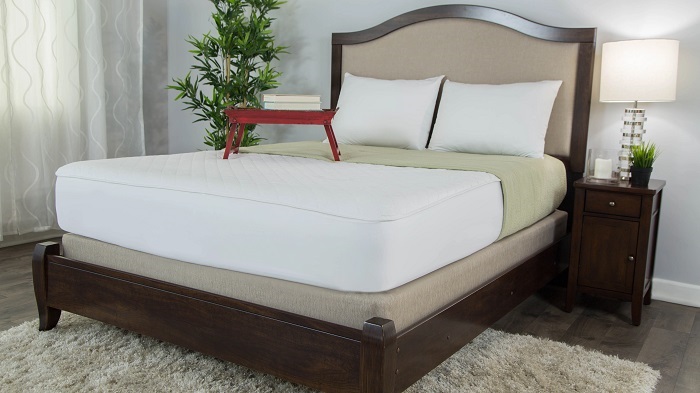 A furnished bedroom with a mattress topped by a mattress pad