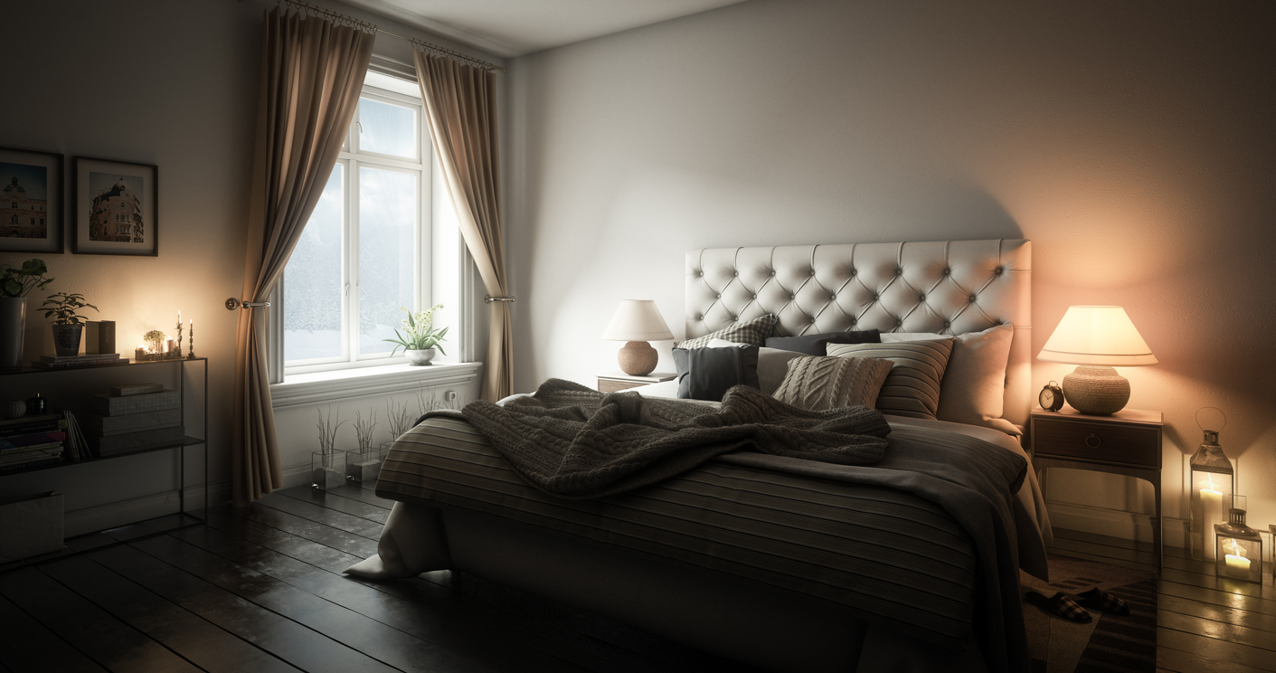 gray-themed bedroom with plenty of natural light and warm artificial light