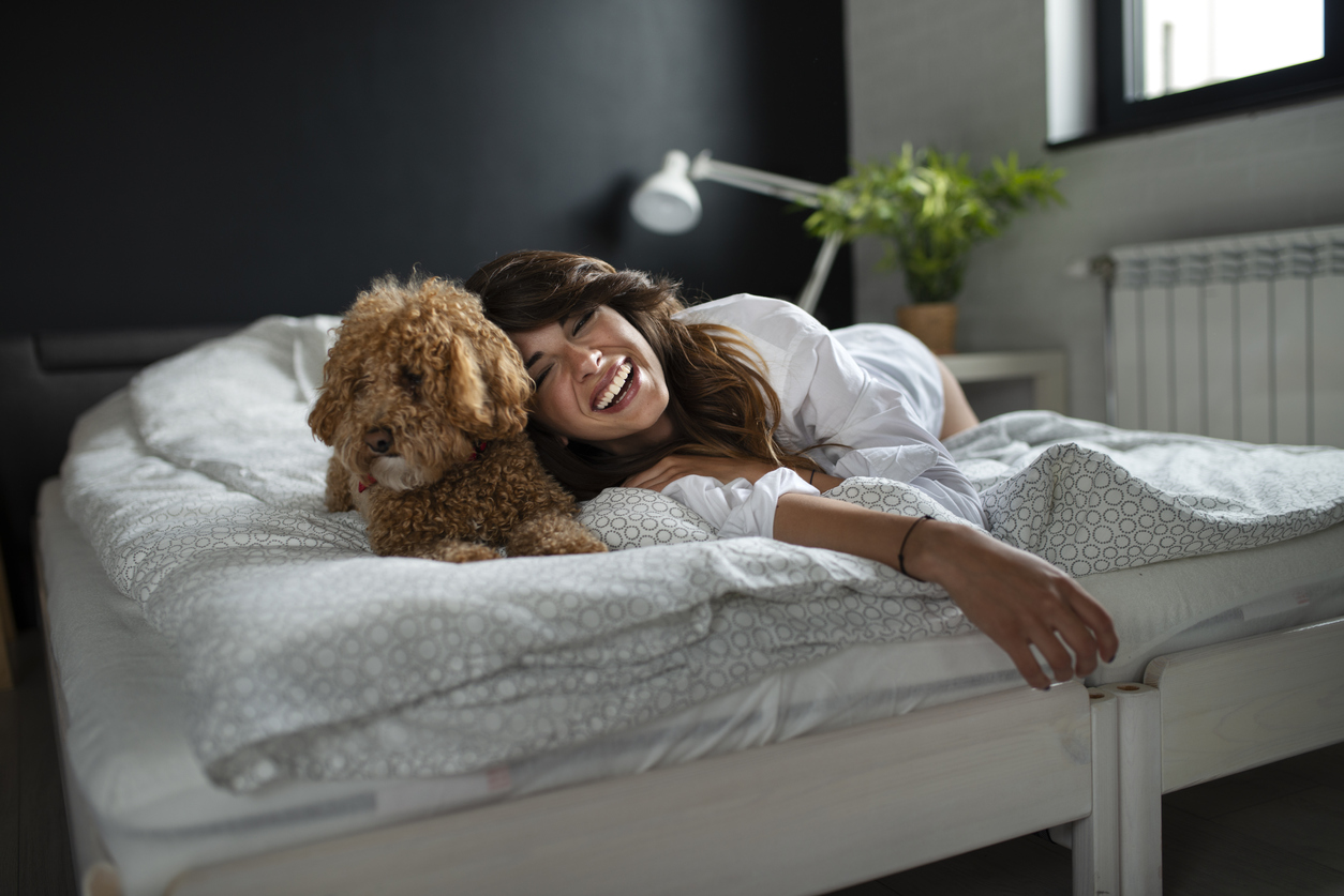 Shot of a smiling woman and her small dog in bed on top of comforter