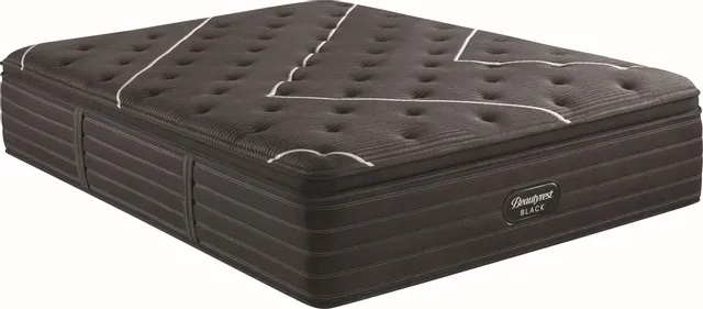 Stock photo of a black Beautyrest Queen pillow top mattress.