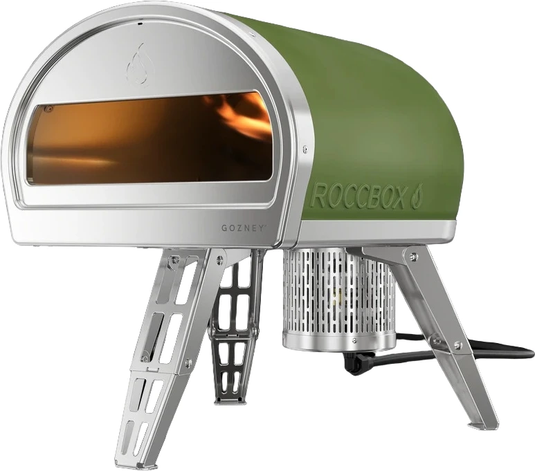 Front view of Gozney Roccbox outdoor pizza oven in an olive green finish 