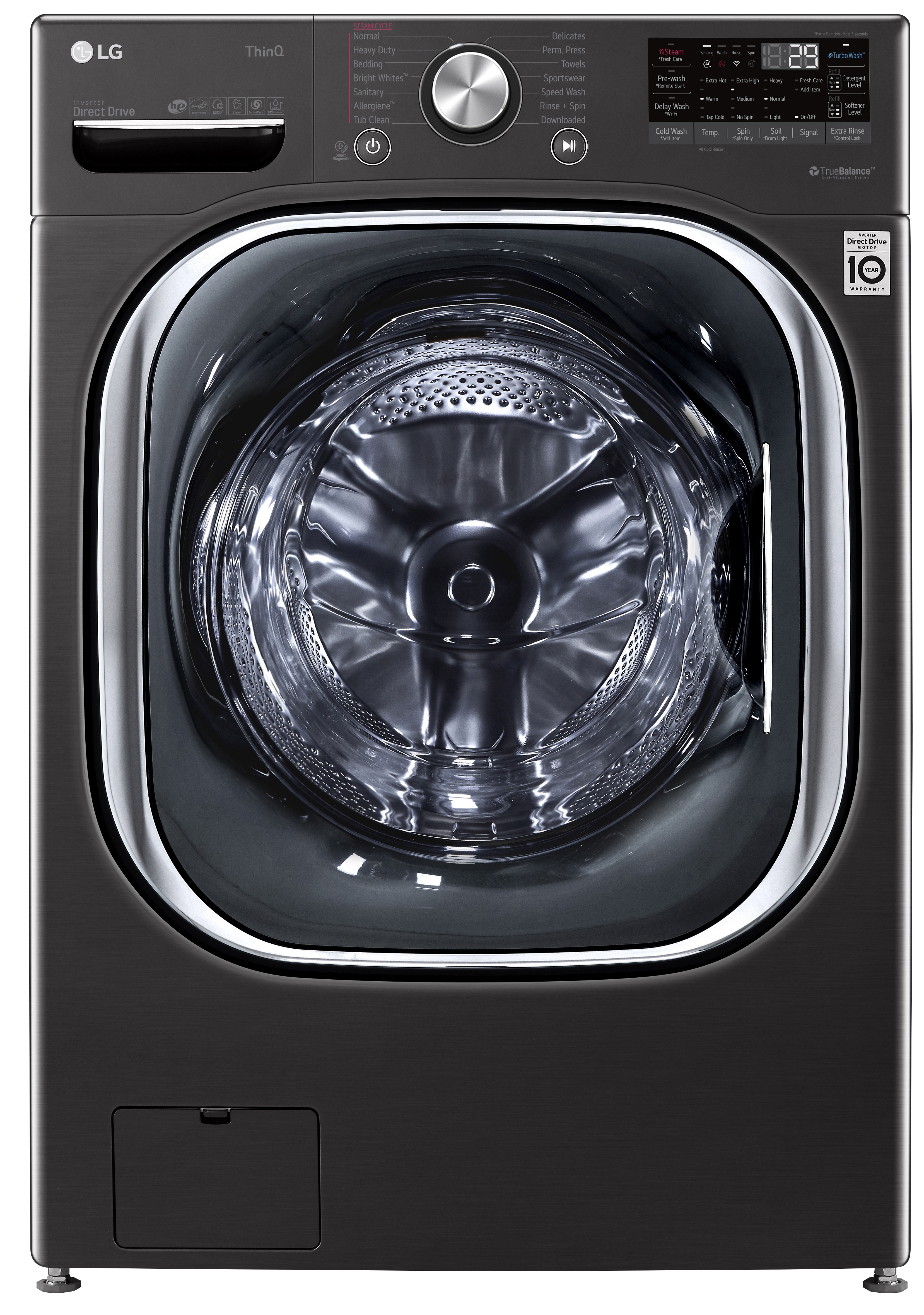 Front view of black LG WM4500HBA front load washer