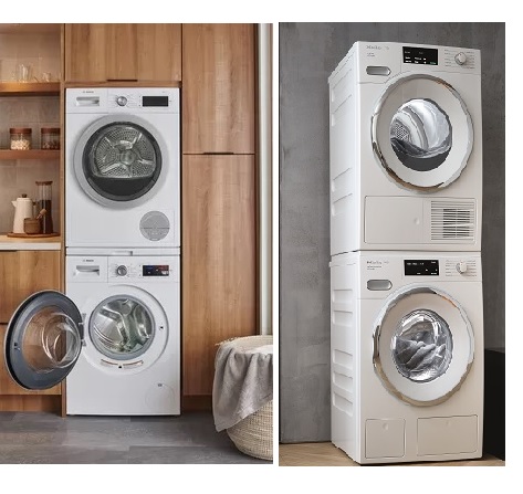 Side by side image of Bosch and Miele stacked compact washers and dryers