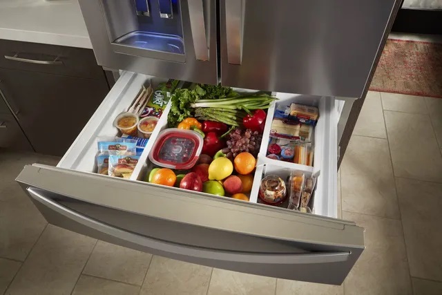 whirlpool WRX735SDHZ extended middle drawer full of food