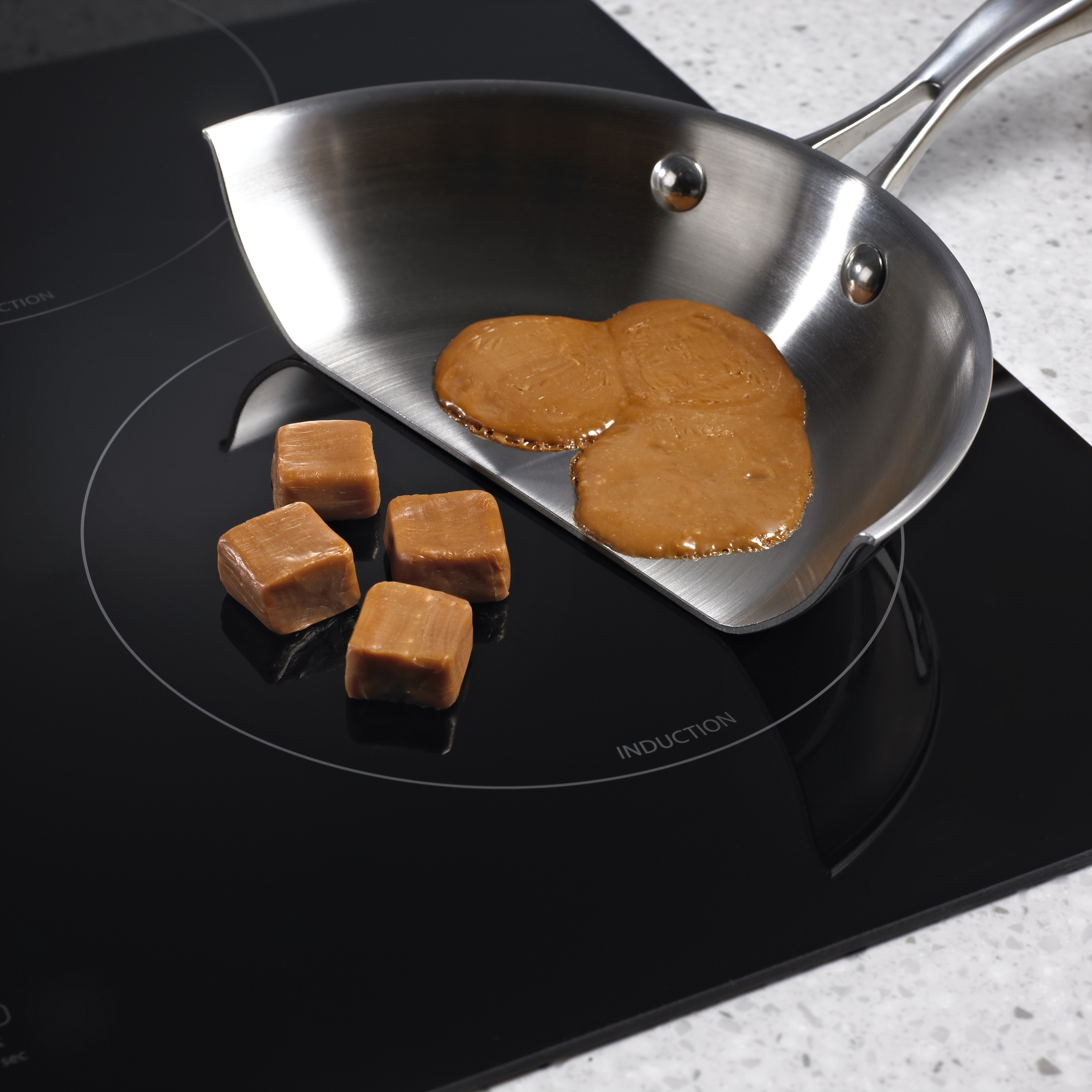 Side by side of caramels melting on an induction surface