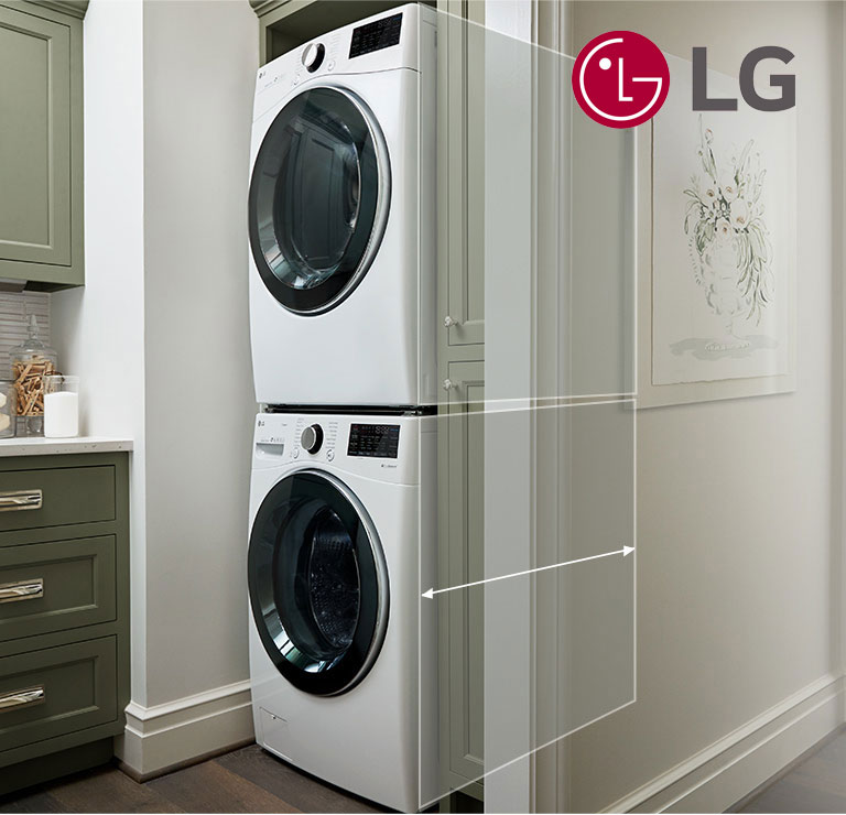 LG front-load washer and dryer stacked with illustrative graphic demonstrating depth