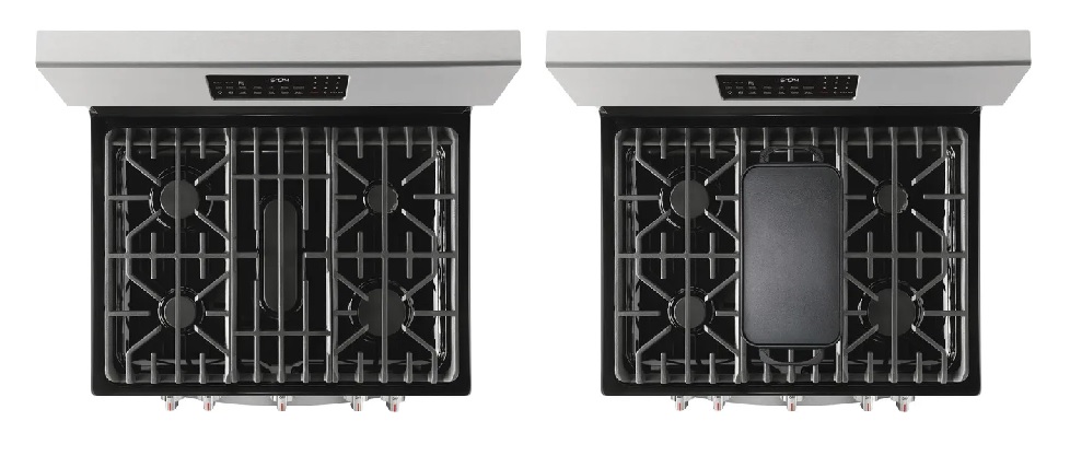 Side by side aerial view of a Frigidaire five burner gas range with and without griddle top 