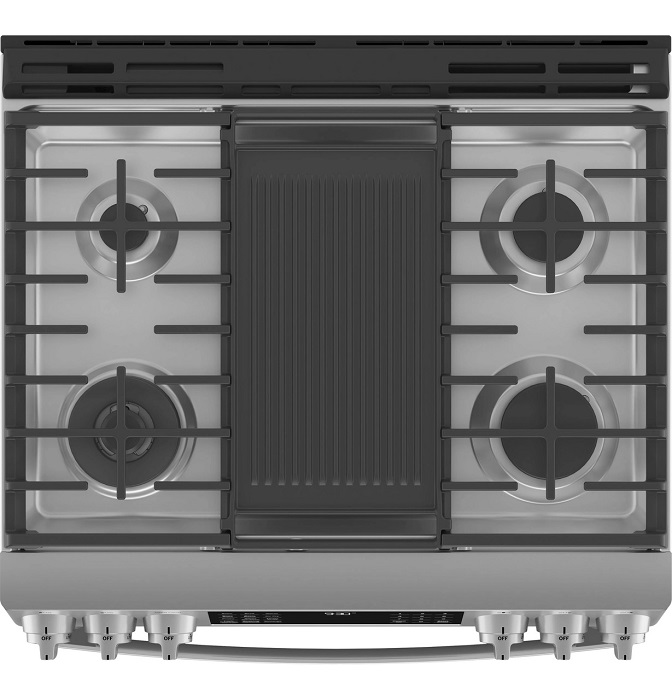 Overhead look at GE Profile five burner gas range with integrated griddle 