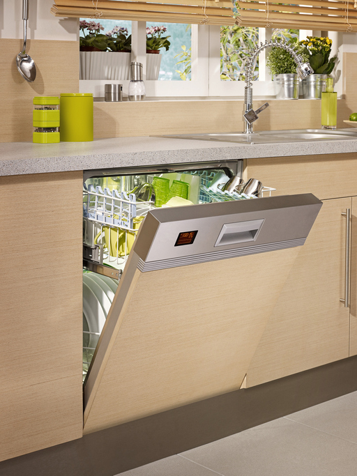 built-in panel dishwasher inside bright, springy kitchen