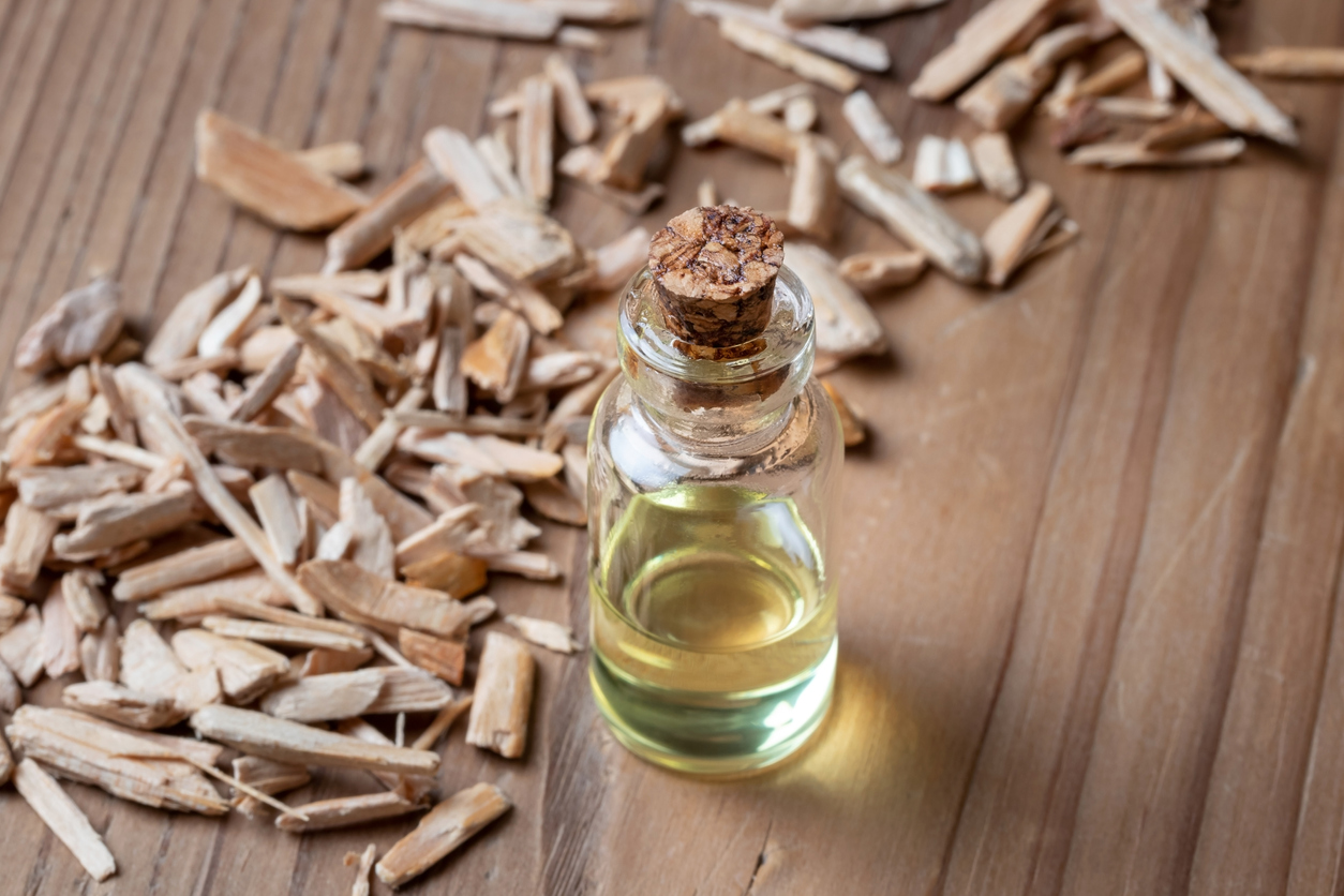 vial of essential oil surrounded by cedarwood chips