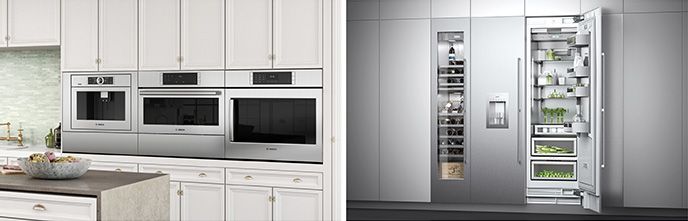 Two pictures side by side. On the left, a row of matching, built-in Bosch appliances that includes a coffee maker, a microwave, and an oven. On the right is a set of built-in Bosch column refrigerators and a column wine cooler.
