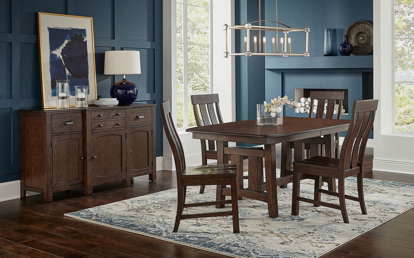 dark brown trestle dining table