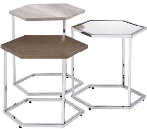 ACME Furniture Simno 3-Piece Taupe/Gray/Glass Top Nesting Table Set with Chrome Base