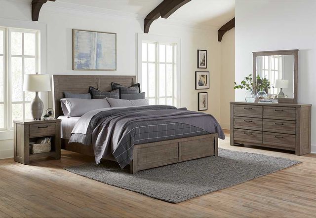 Samuel Lawrence Furniture Ruff Hewn Grey Queen Panel Bed, Dresser, Mirror & Nightstand-0