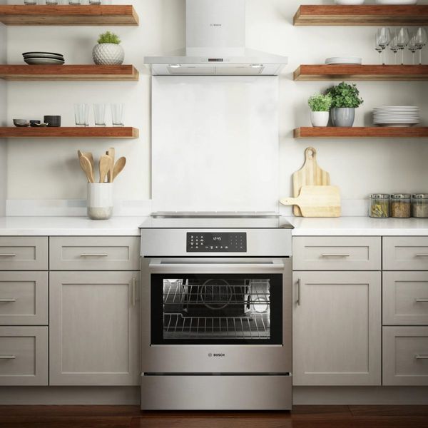 Kitchen Featuring a Bosch 800 Series 30" Stainless Steel Slide-in Induction Range