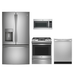 GE 4pc Appliance Package - 27.7 Cu. Ft. French-Door Fridge and Smart Slide-In Convection Gas Range with Air Fry