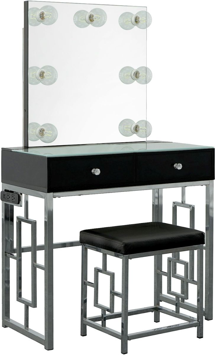 Elements International Margo Glass Top Vanity Table With Black Silver   0300ab5a 7d9f 4c74 94c0 389b2f10f910 