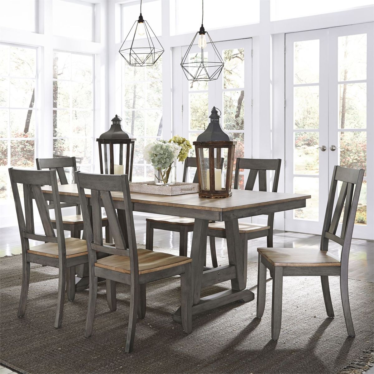 Liberty Furniture Lindsey Farm Gray and Sandstone 7 Piece Trestle Table Set