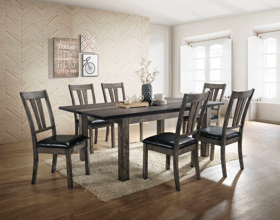 Elements International Nathan Distressed Gray Oak Dining Table And Six Side Chairs Set