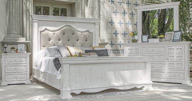 International Furniture Direct Bella 4-Piece Vintage White Multi-Step Lacquer Eastern King Bedroom Set