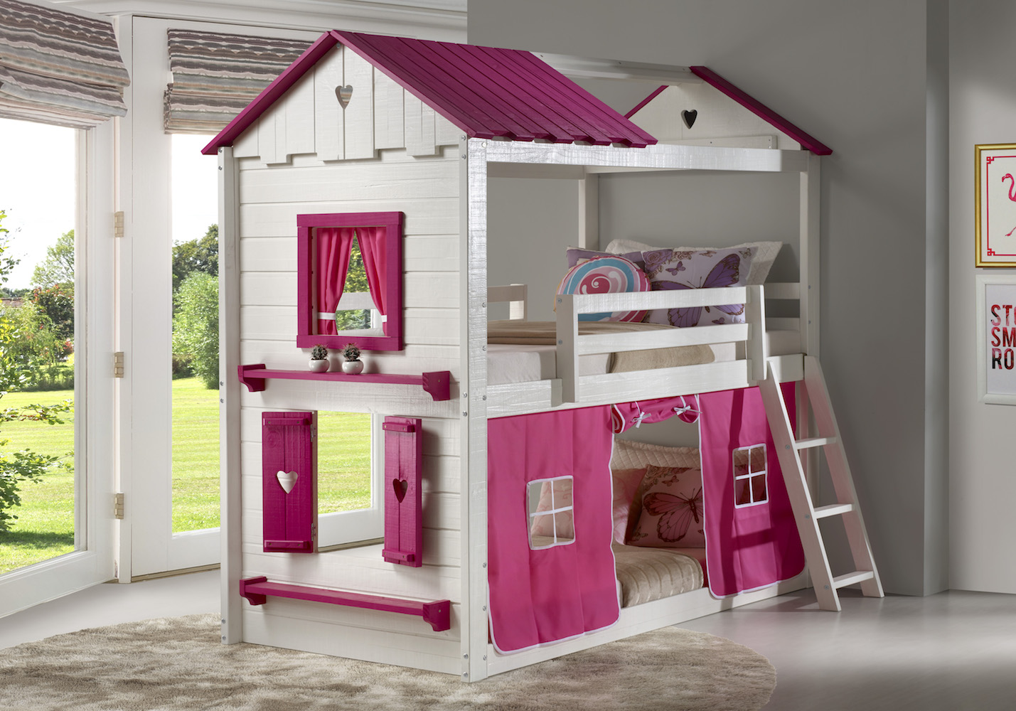 Donco Trading Company White and Pink Twin/Twin Sweetheart Bunk Bed With Pink Tent
