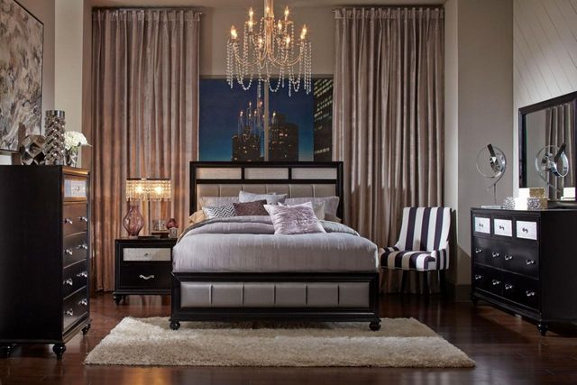 Coaster® Barzini 4 Piece Black and Grey King Upholstered Bedroom Set